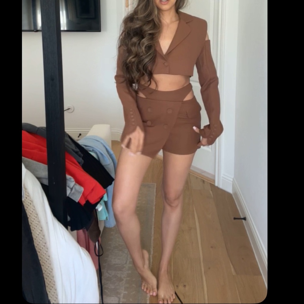 Cutout Two-Piece Blazer and Skort Set in Burnt Brown